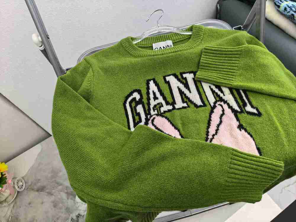 GANNI Crewneck Knitted Sweater Green Daisy Duck Cartoon Logo Cropped Top - Picture 2 of 6